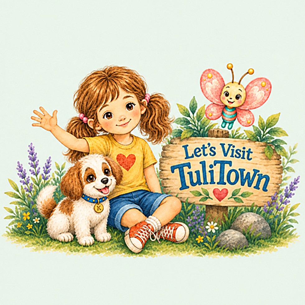 Tuli waving hello beside her puppy Koko and butterfly friend Lulu, next to a sign reading Let's Visit TuliTown.