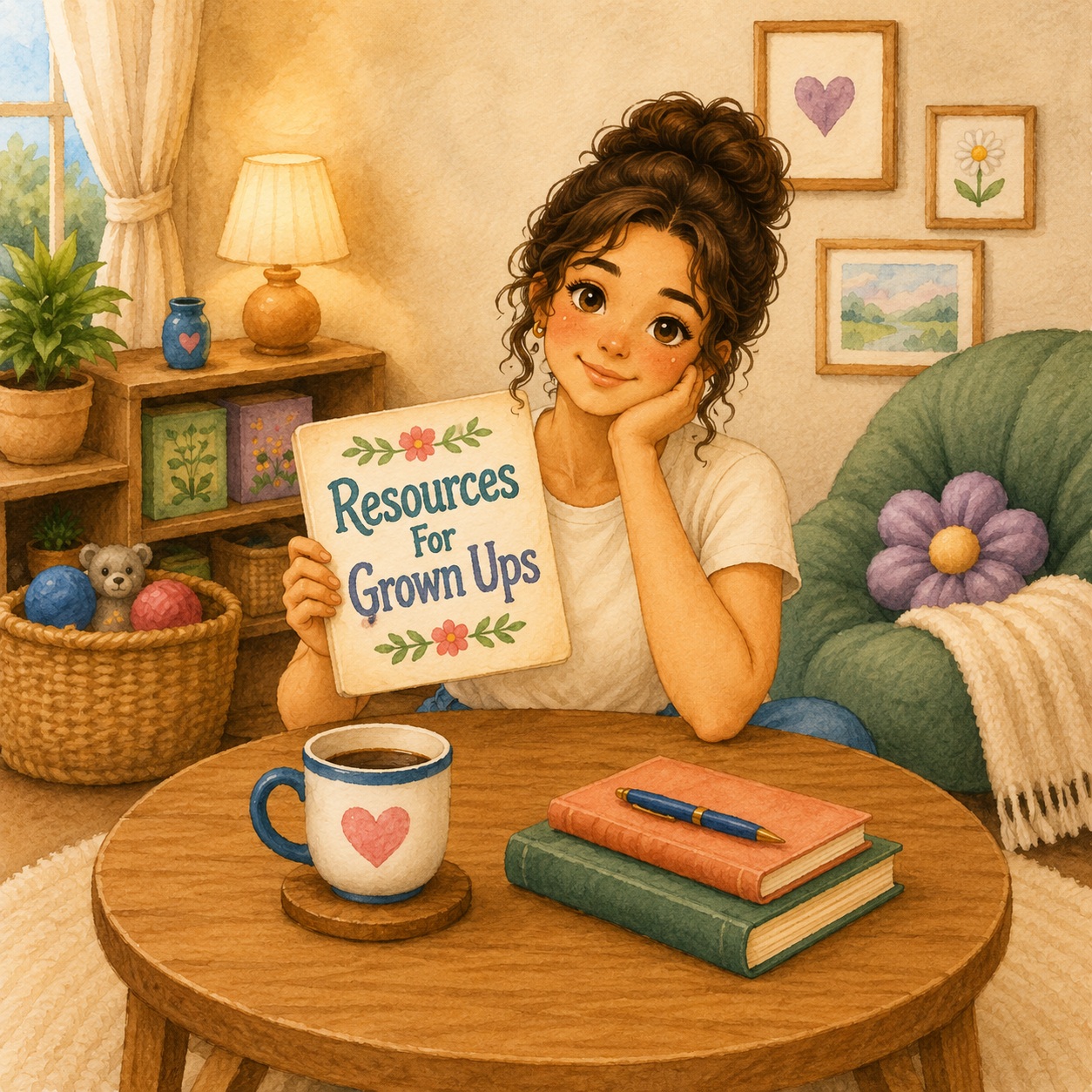 A young woman with curly hair in a cozy reading nook, holding a wooden sign reading Resources for Grown Ups, with a Calm Tools basket, coffee, and books nearby.