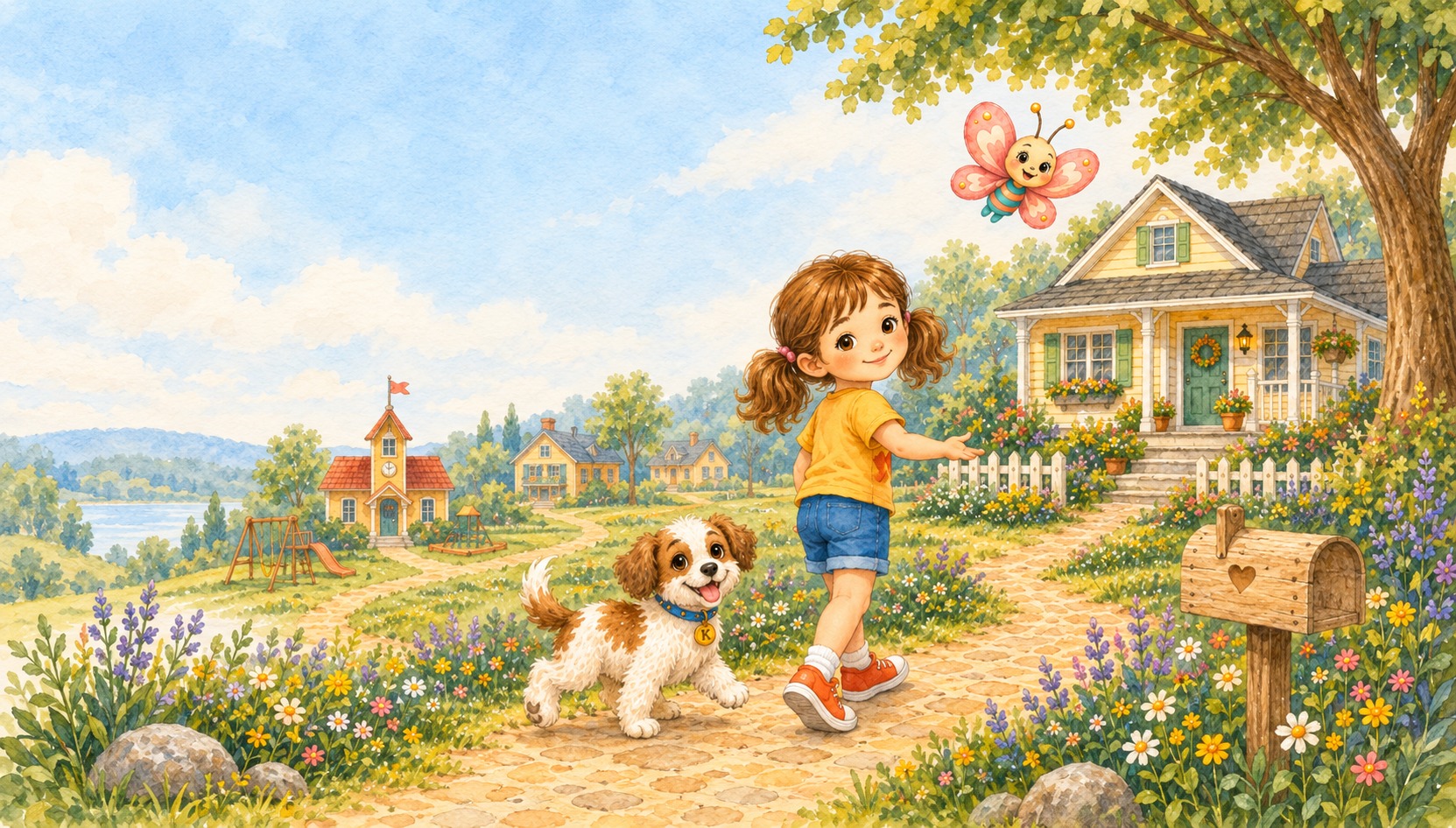 Tuli walking down the cobblestone path toward her yellow TuliTown house with Koko the puppy trotting beside her and Lulu the butterfly overhead, the schoolhouse, playground, and lake in the distance.