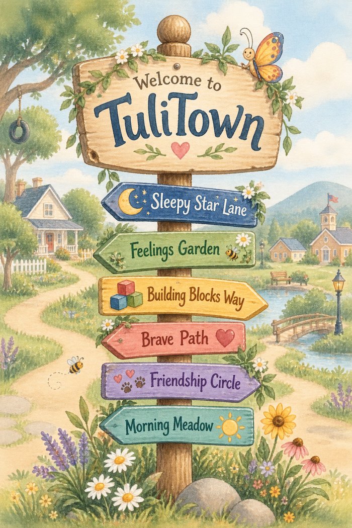 A wooden welcome signpost reading 'Welcome to TuliTown' with arrows pointing to Sleepy Star Lane, Feelings Garden, Building Blocks Way, Brave Path, Friendship Circle, and Morning Meadow.