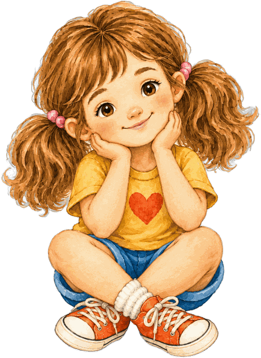 Tuli sitting cross-legged with her chin resting on her hands, smiling warmly in her yellow heart shirt.