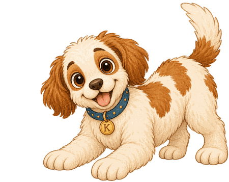 Koko, a playful puppy with brown patches and a blue collar with a K tag, tail wagging.