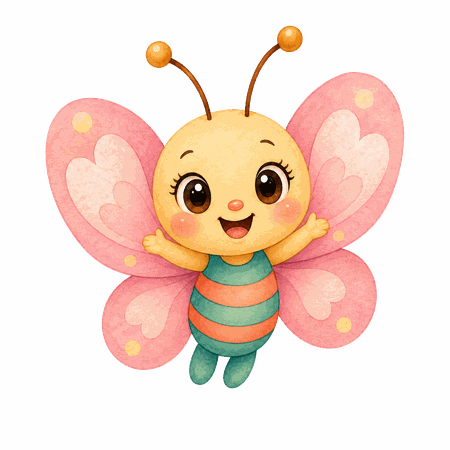 Lulu, a cheerful small butterfly with pink heart-shaped wings and a mint and coral striped body, arms raised happily.