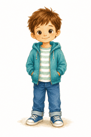 Niko, a young boy with brown hair wearing a teal hoodie over a striped shirt and jeans.