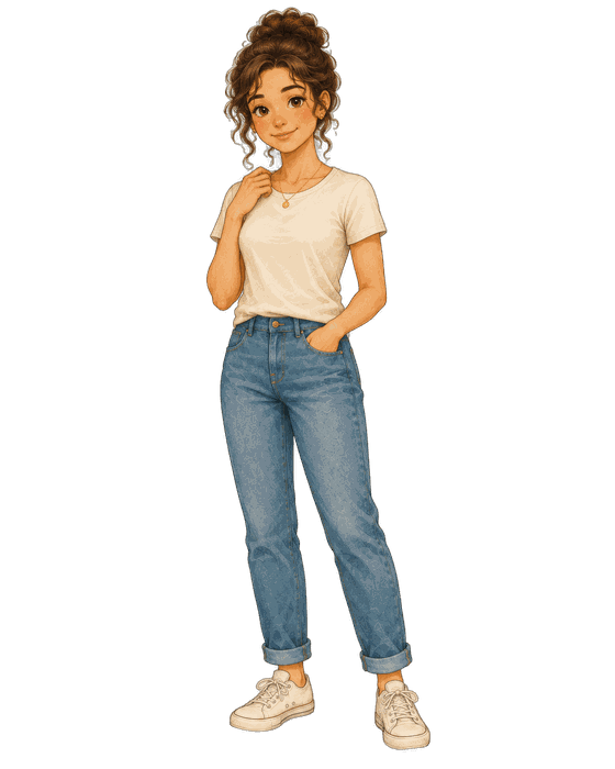 Mom, a woman with curly brown hair in a bun, wearing a cream sweater and jeans.