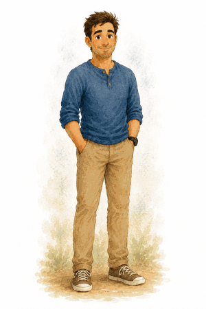 Dad, a man with short brown hair and a beard, wearing a blue henley shirt and khaki pants.