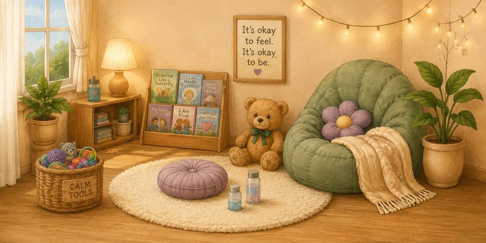 A cozy calm-down corner with a green beanbag chair, a basket labeled Calm Tools, a teddy bear, a shelf of feelings books, and a sign reading It's okay to feel. It's okay to be.