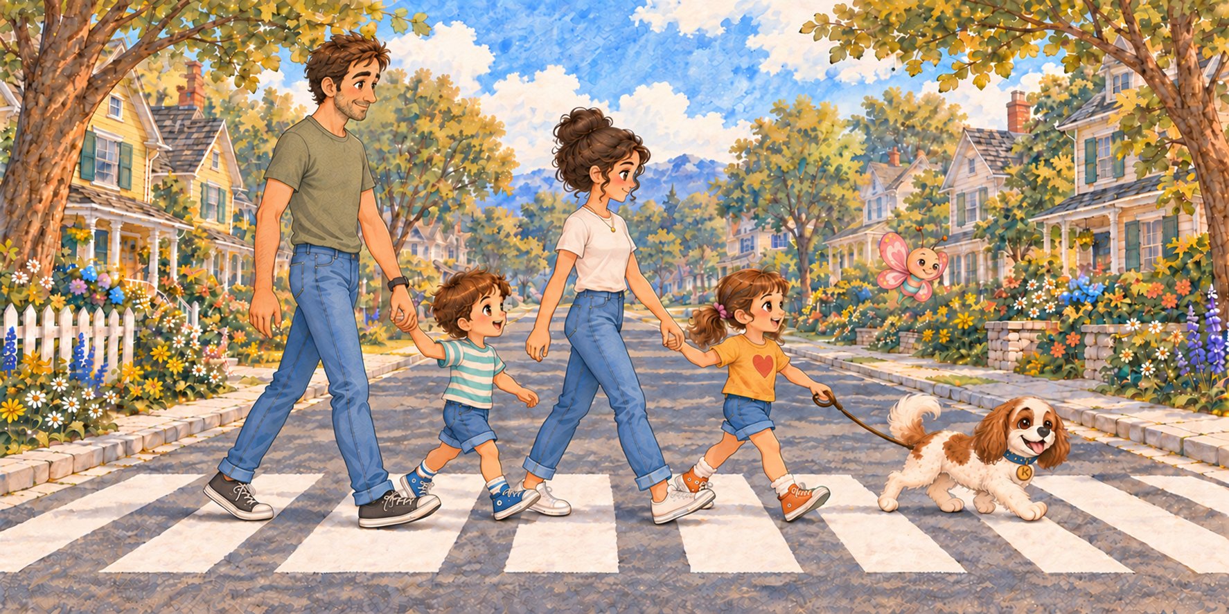 The TuliTown family crossing Maple Way together: Dad holding Niko's hand, Mom holding Tuli's hand, Tuli walking Koko on his leash, and Lulu fluttering beside them past flower gardens and cozy houses.
